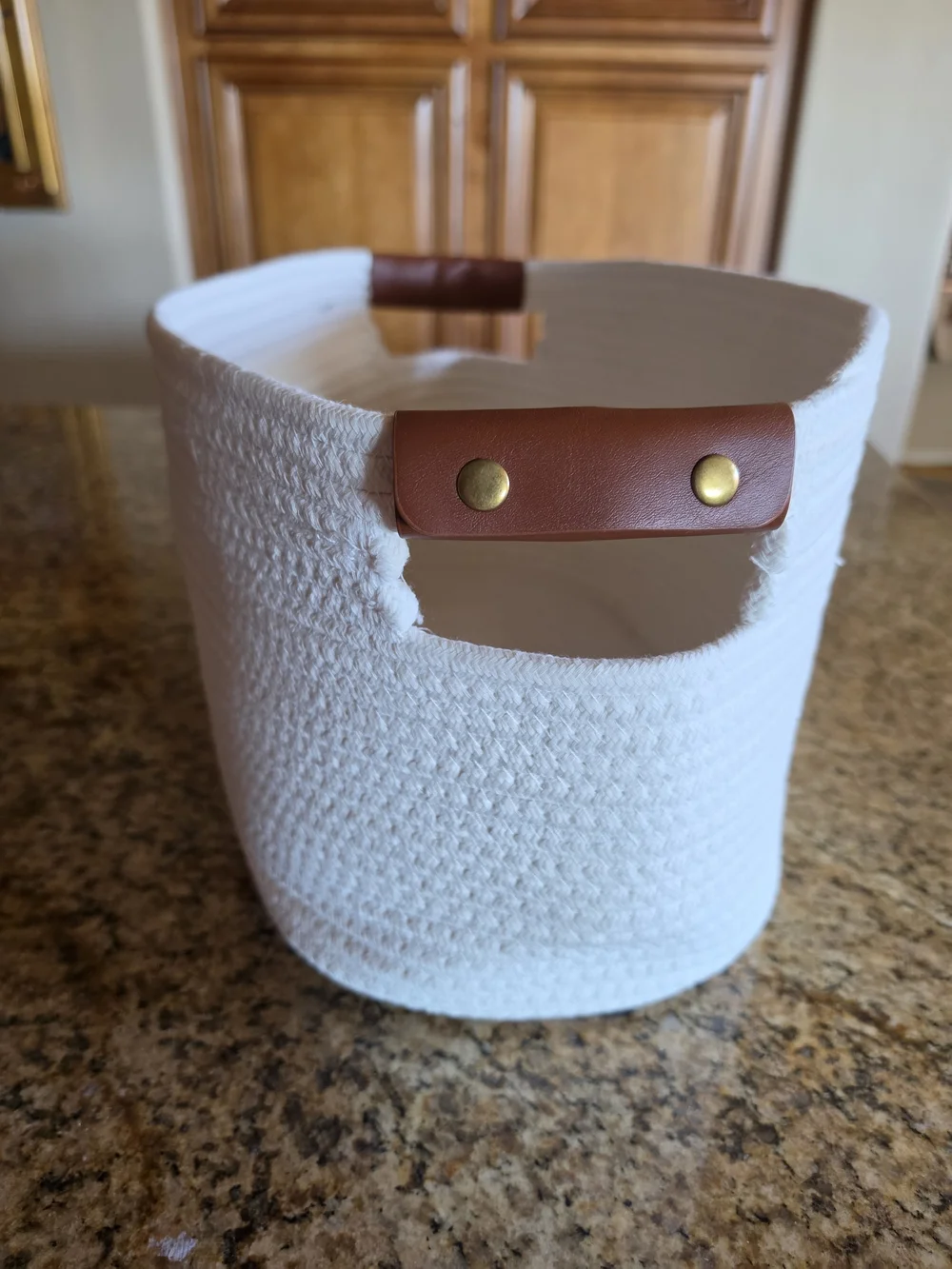 White Woven Rope Storage Basket with Brown Faux Leather Handles Gold Snaps - EUC